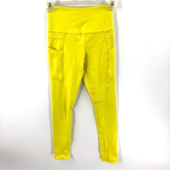Zyia Metallic Neon Yellow Leggings Light N Tight With Pockets Size 0 - Picture 3 of 11